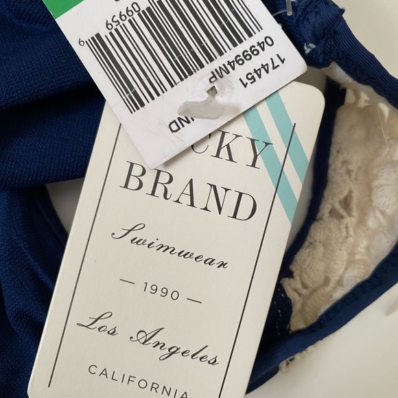 Lucky Brand bikini bottoms hipster navy blue crochet white swimsuit bathing, L - Picture 8 of 11